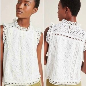 Maeve by Anthropology Eyelet Ruffle White Tank Blouse Size 12